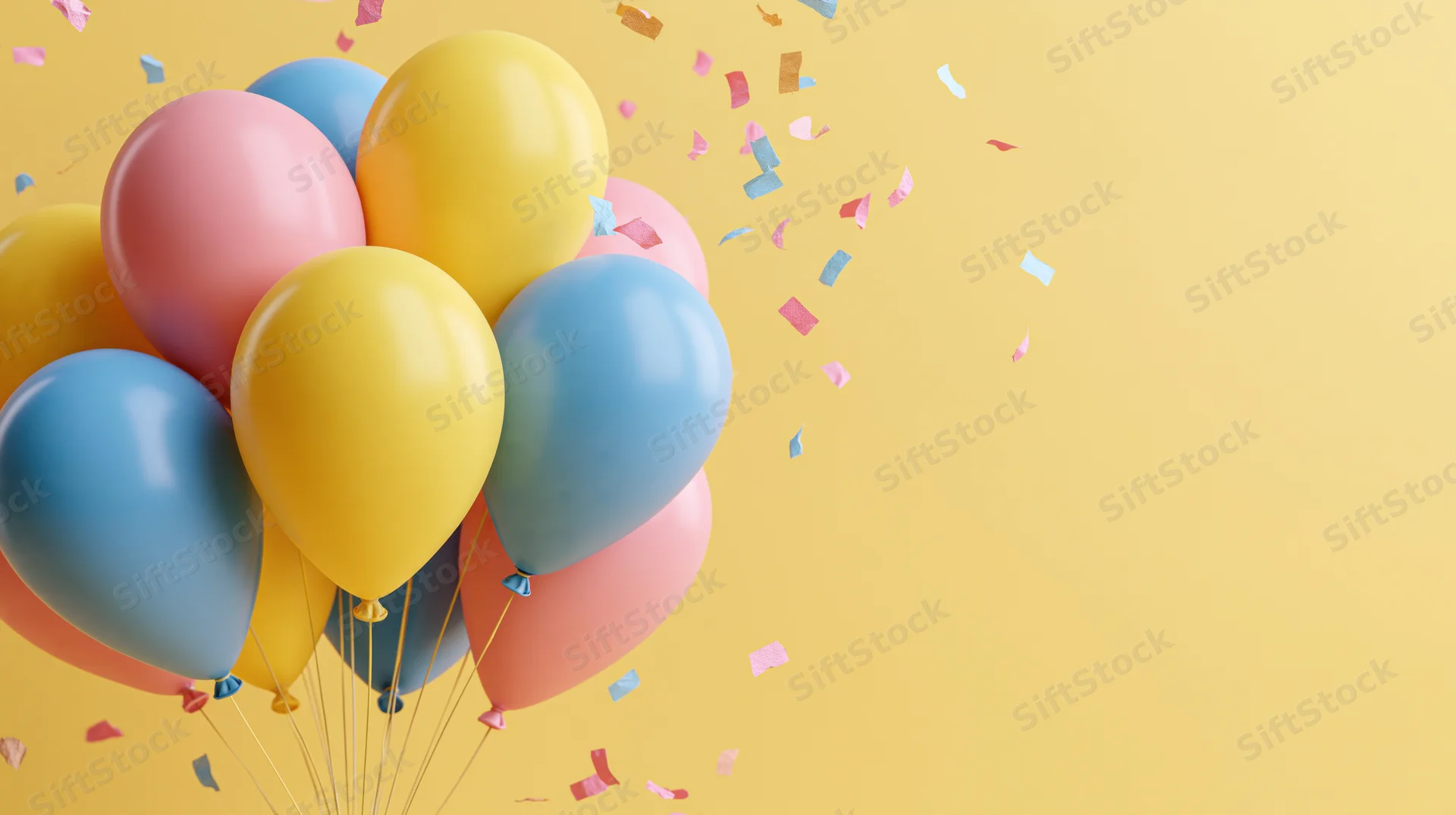 Cluster of blue pink and yellow latex balloons floating with confetti against yellow background