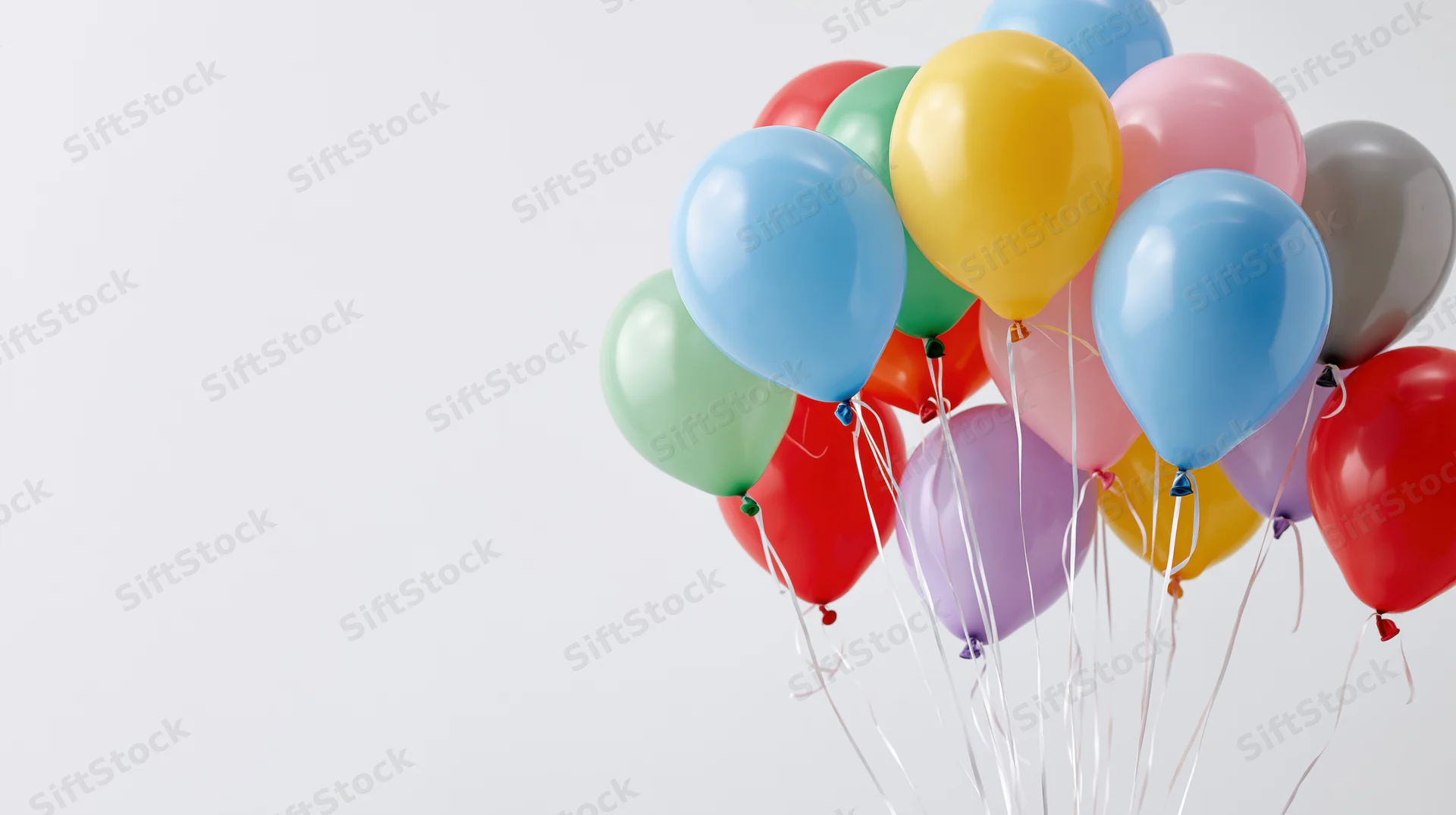 Cluster of colorful helium balloons floating against white background with copyspace