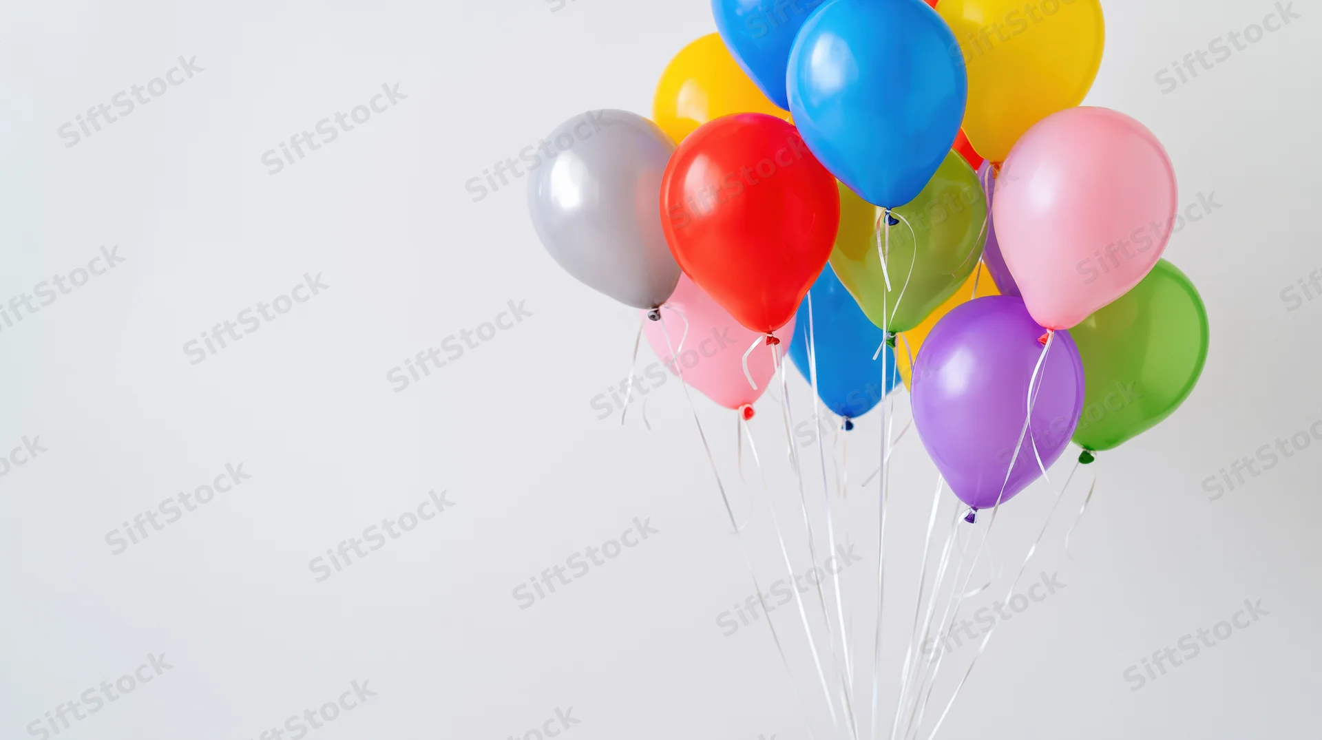Cluster of colorful helium balloons floating against a white background with copyspace