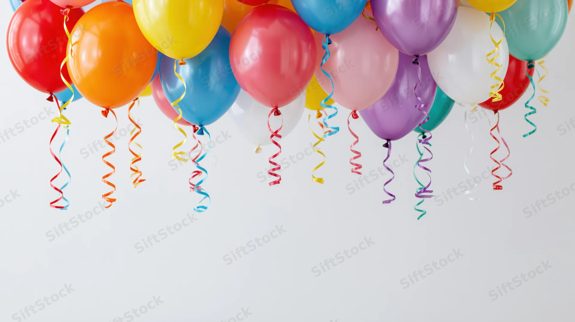 Cluster of colorful helium balloons floating at top with streamers against white background