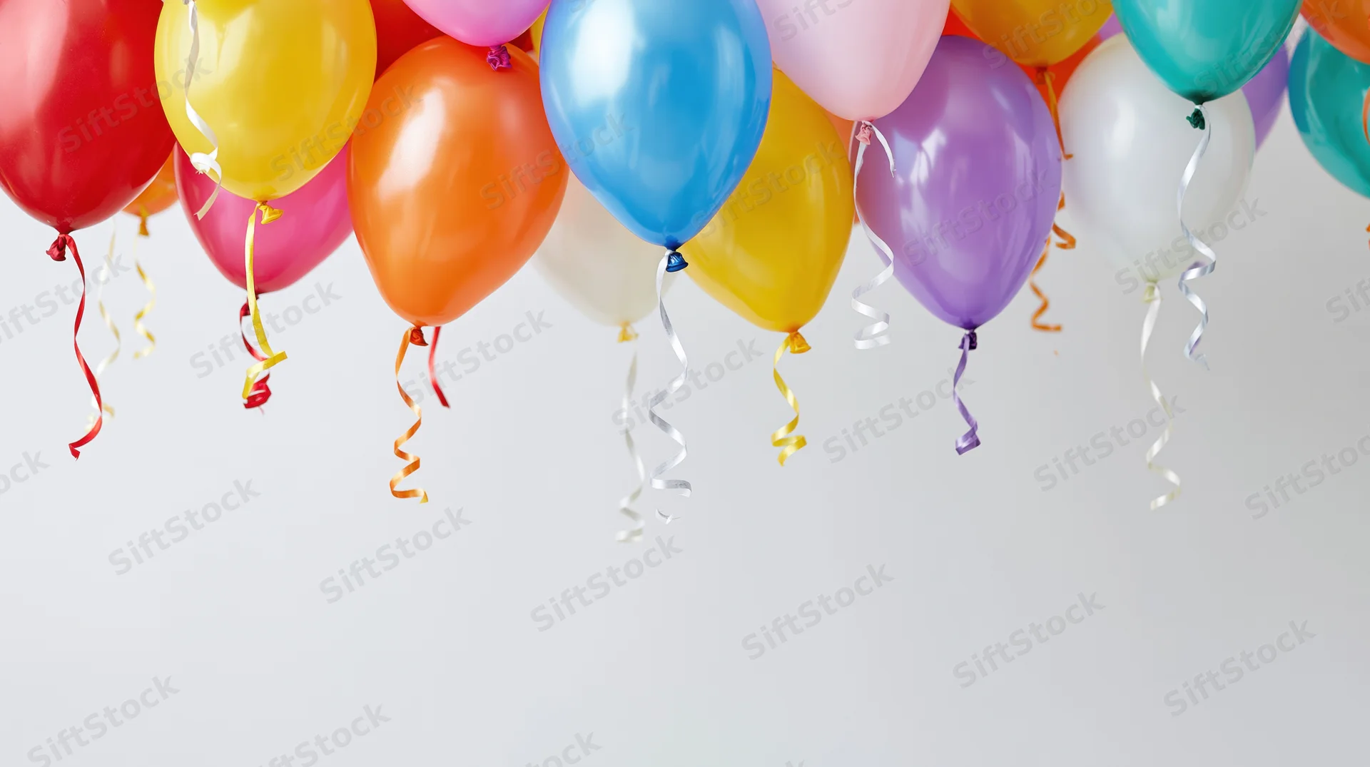 Cluster of colorful helium balloons floating at the top of frame with white background and copyspace below