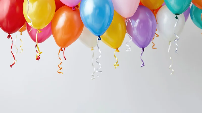 Cluster of colorful helium balloons floating at the top of frame with white background and copyspace below