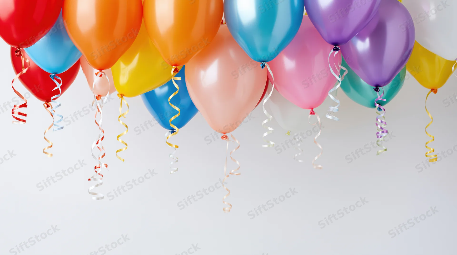 Cluster of colorful helium balloons floating against a white background with ribbons hanging down