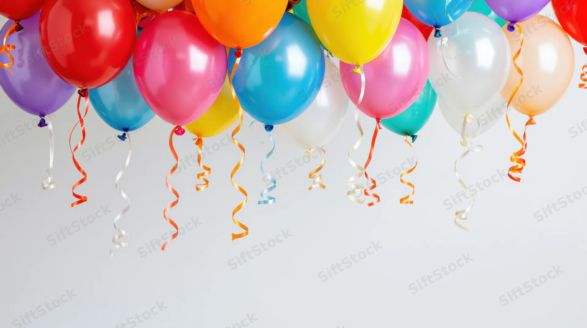 Colorful helium balloons floating at the top of frame with ribbons and streamers against white background