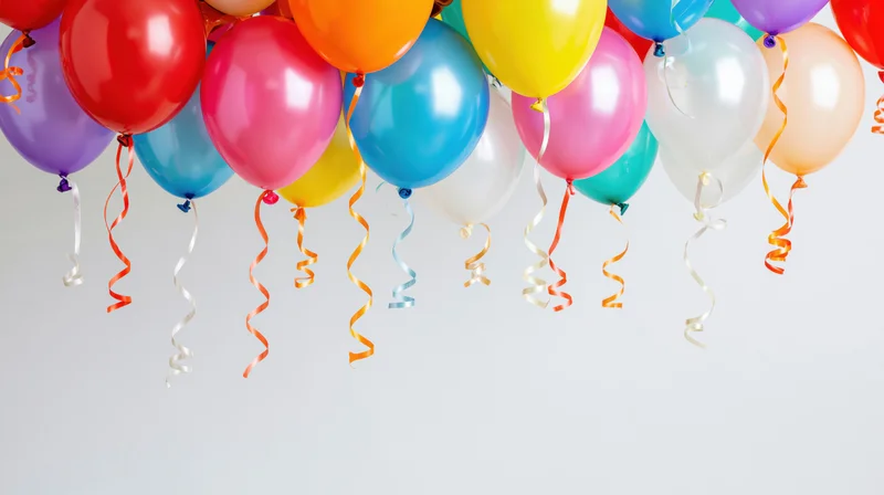 Colorful helium balloons floating at the top of frame with ribbons and streamers against white background