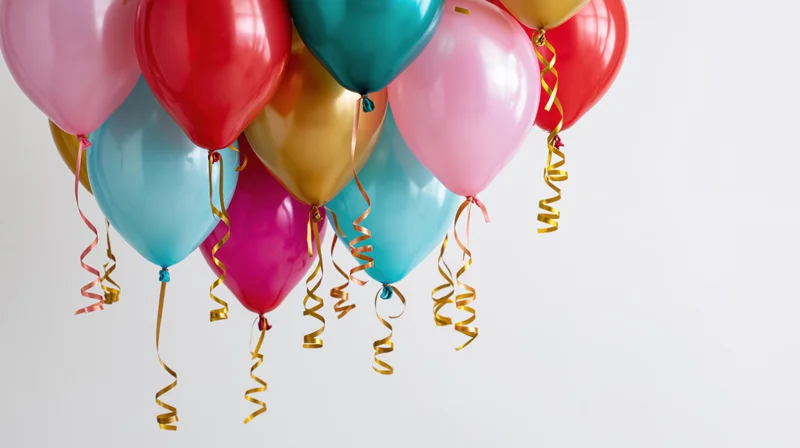 Cluster of colorful helium balloons floating near the top of a white background with copyspace
