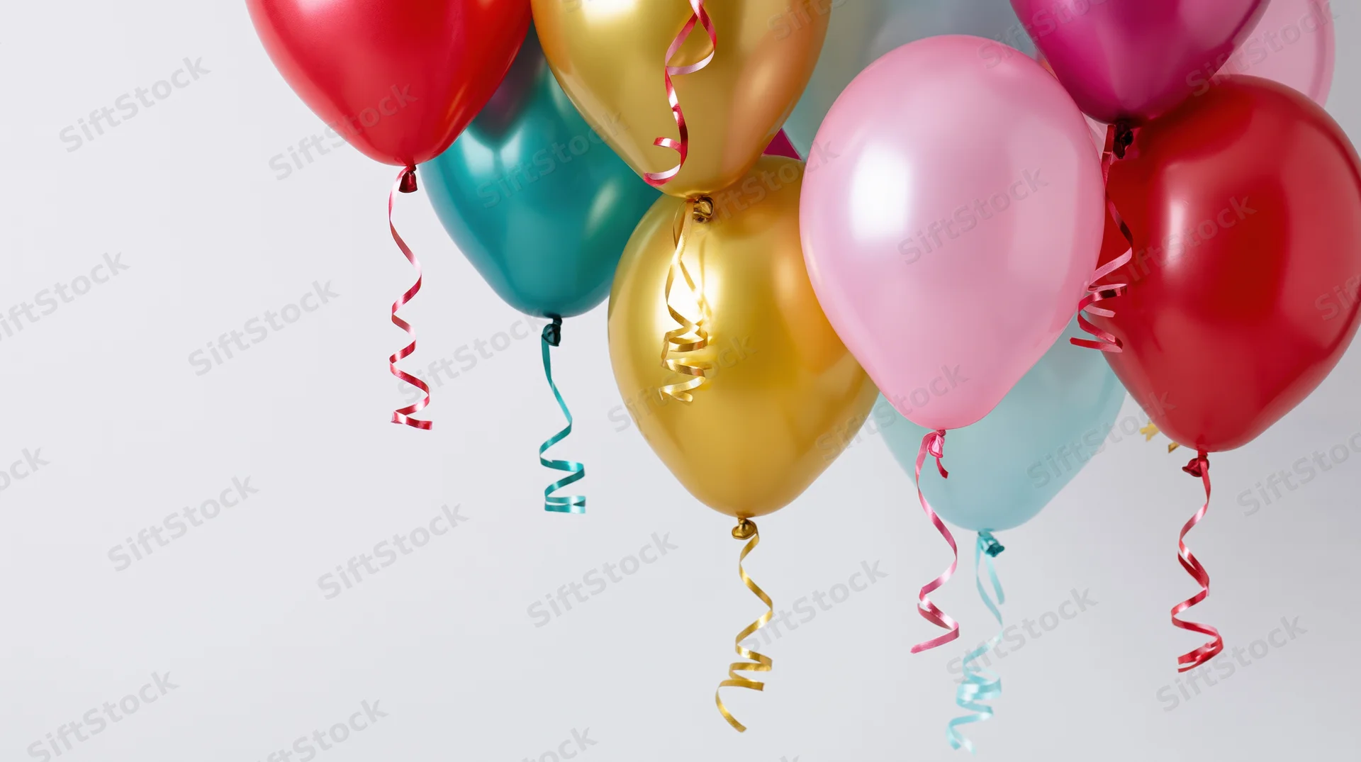 Cluster of colorful helium balloons floating with ribbons against white background