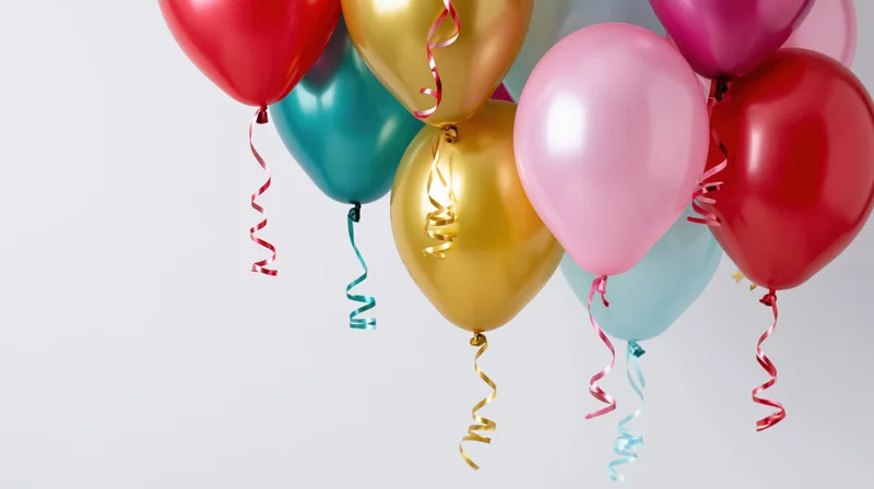 Cluster of colorful helium balloons floating with ribbons against white background
