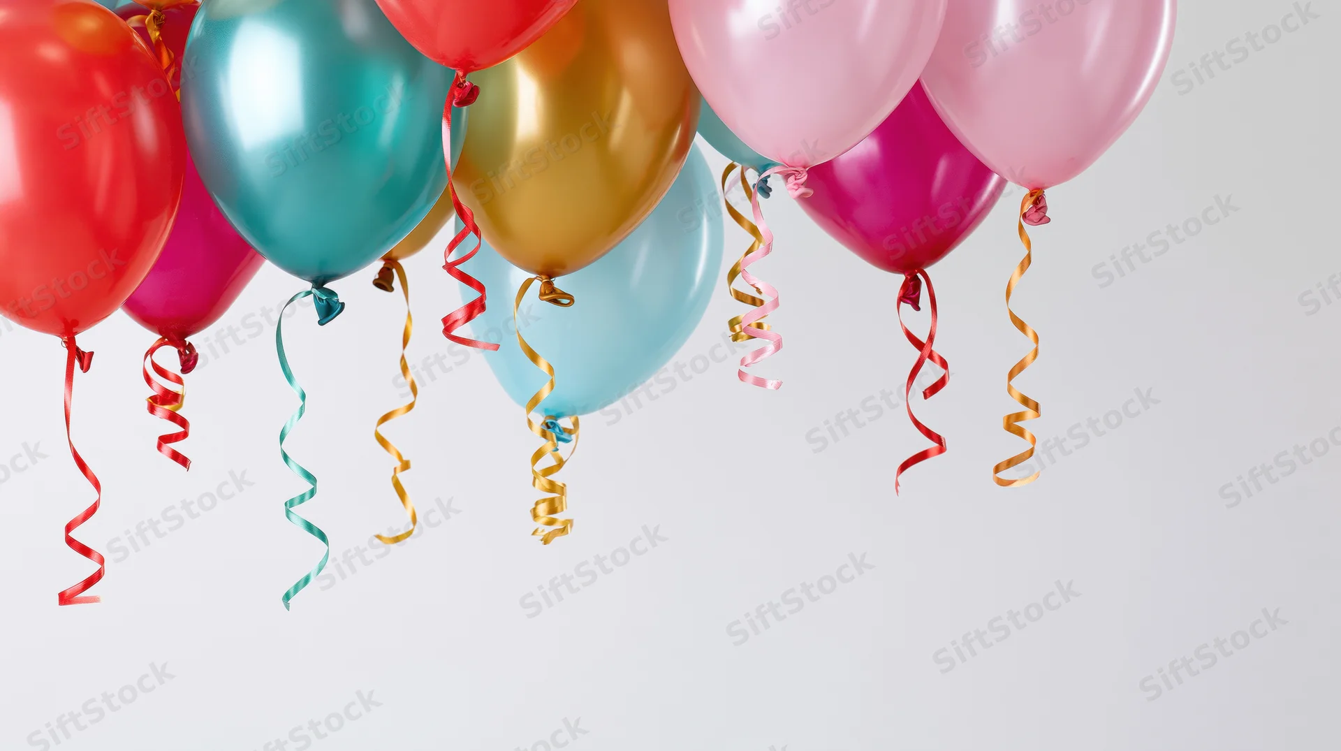 Cluster of colorful helium balloons floating near the top of the frame with ribbons against a light background