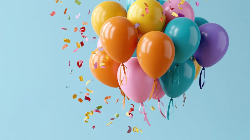 Cluster of colorful helium balloons floating with confetti against light blue background