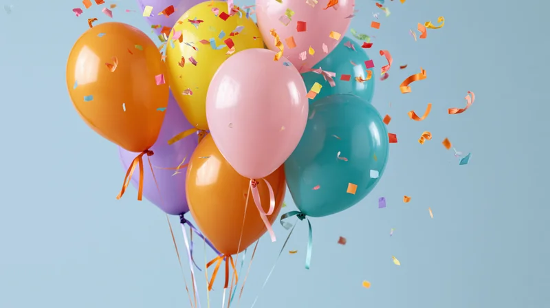 Cluster of colorful helium balloons floating with confetti against light blue background