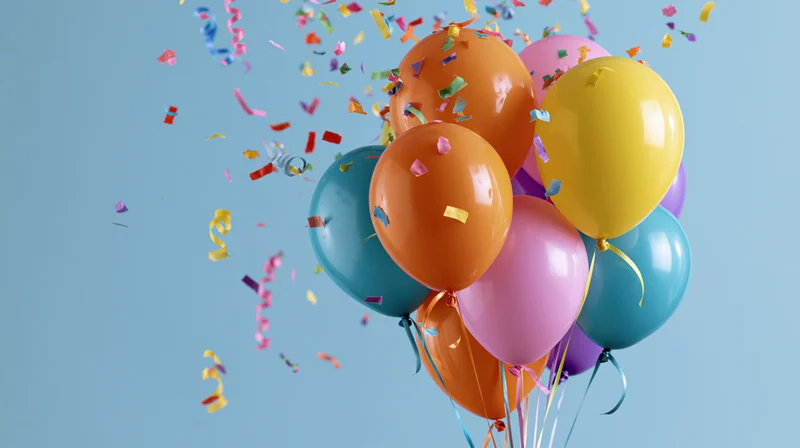 Cluster of colorful helium balloons floating with confetti against a light blue background