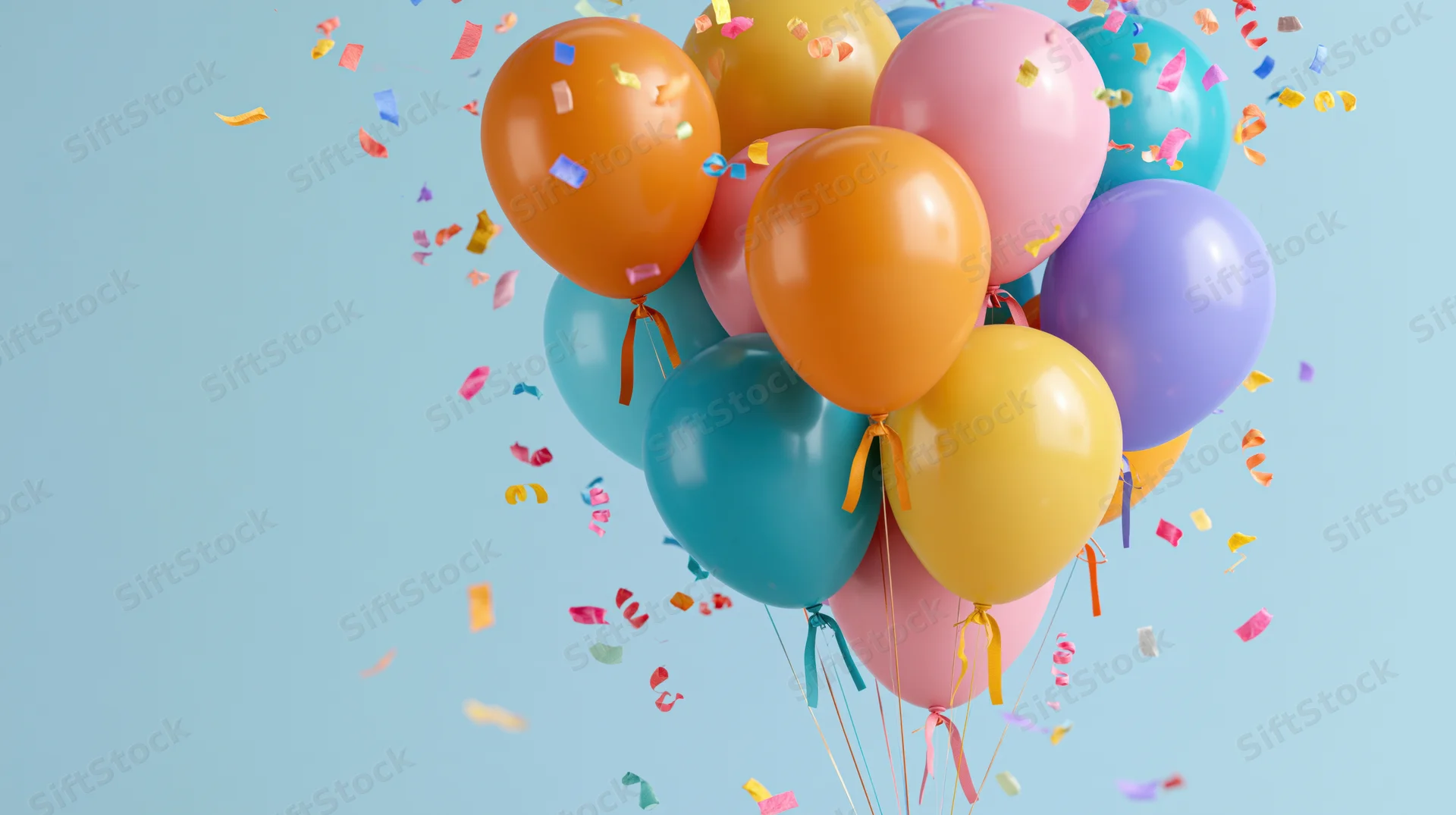 Cluster of colorful helium balloons floating with confetti against a light blue background