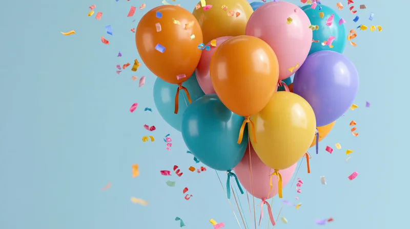 Cluster of colorful helium balloons floating with confetti against a light blue background