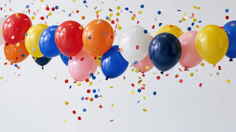 Colorful latex balloons floating mid-air with confetti scattered around against a white background