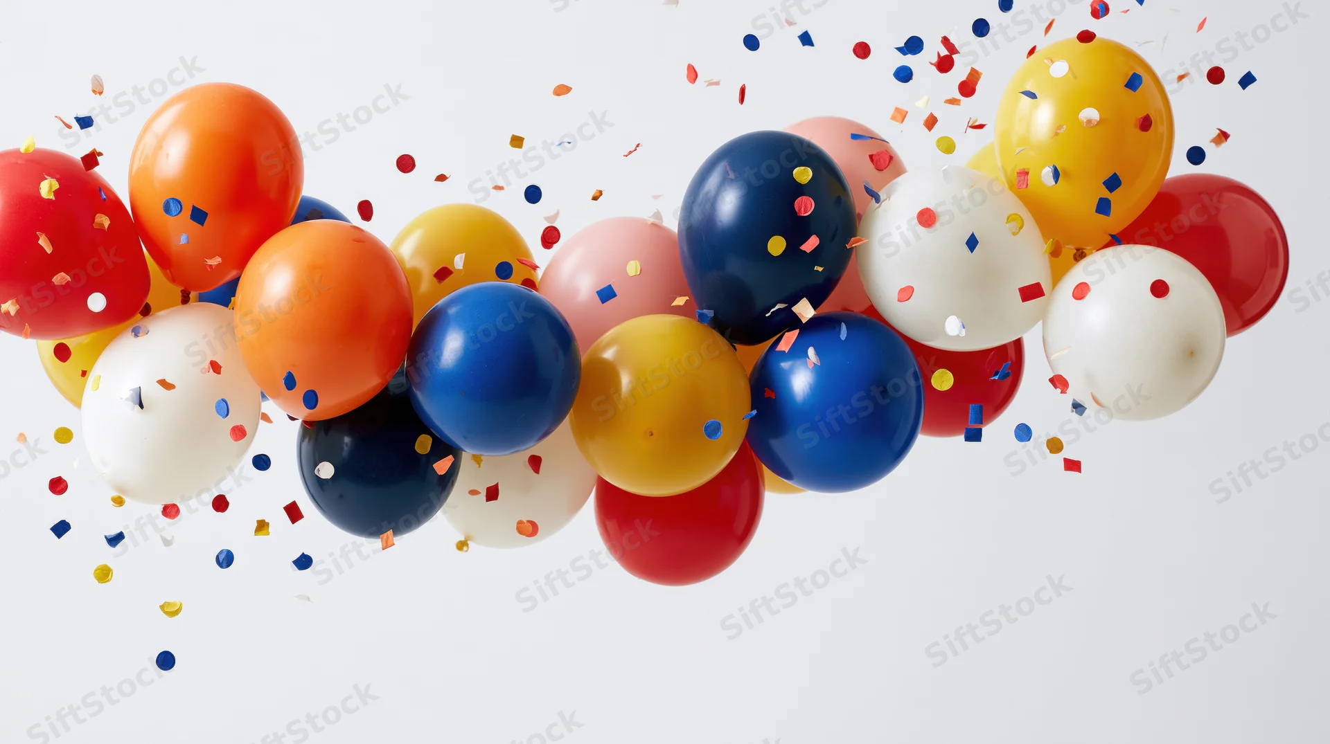 Colorful latex balloons floating mid-air with confetti against white background