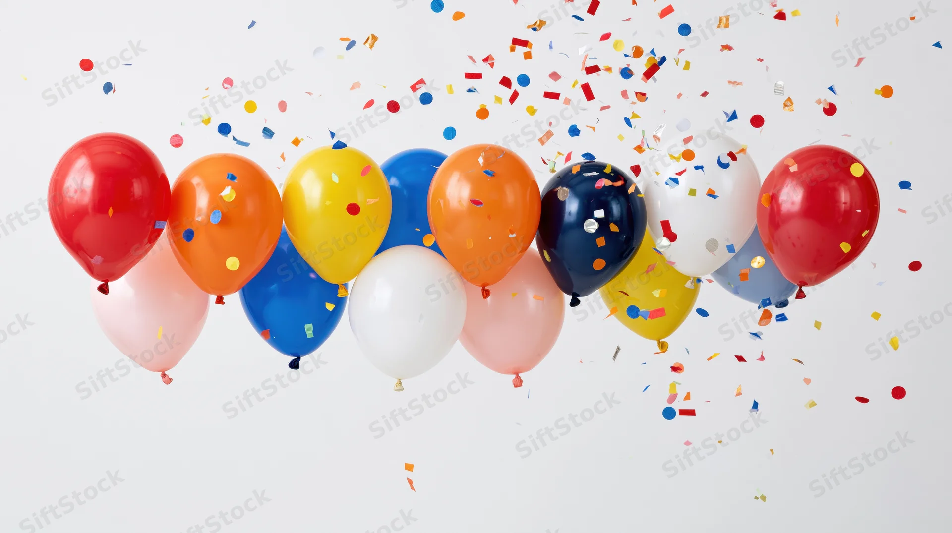 Colorful latex balloons floating mid-air with confetti against white background