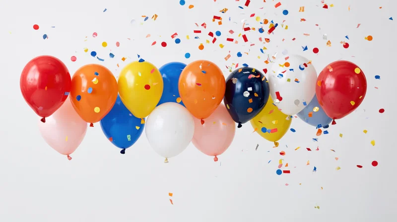 Colorful latex balloons floating mid-air with confetti against white background