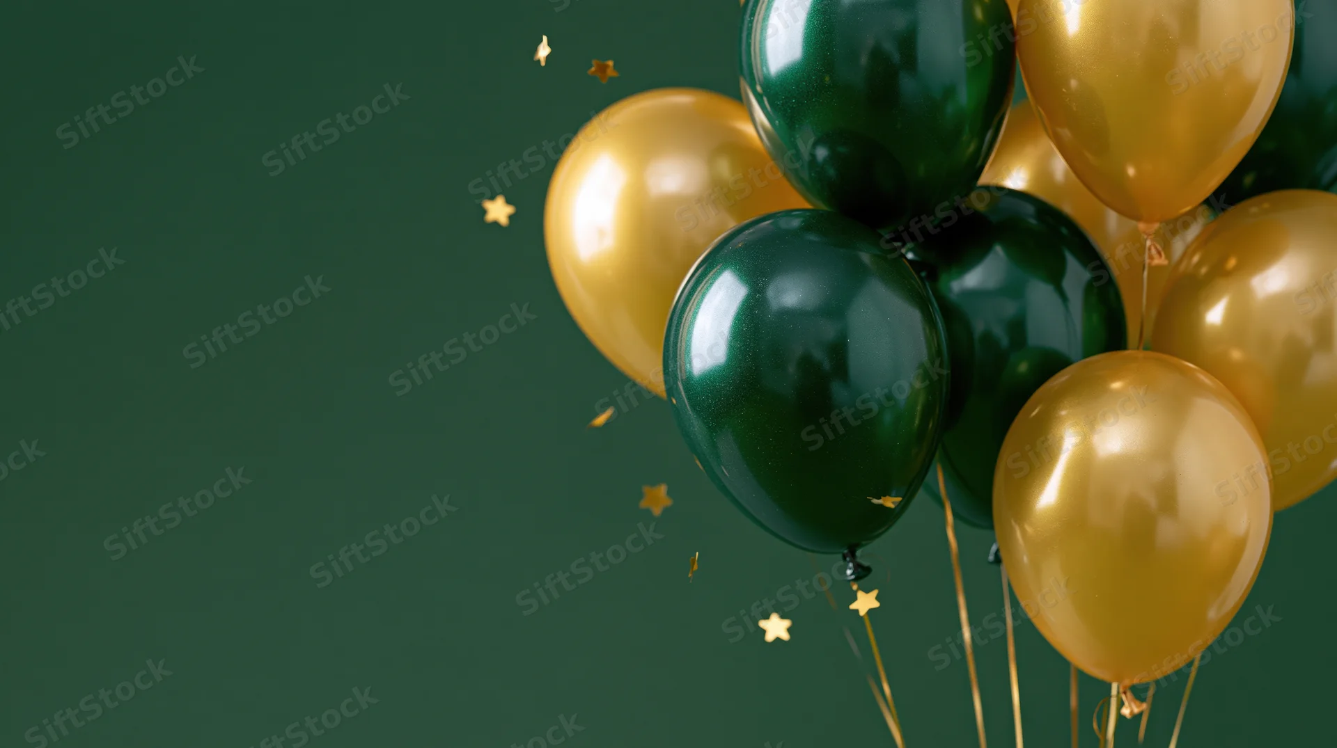 Cluster of glossy dark green and metallic gold helium balloons with star confetti against dark green background
