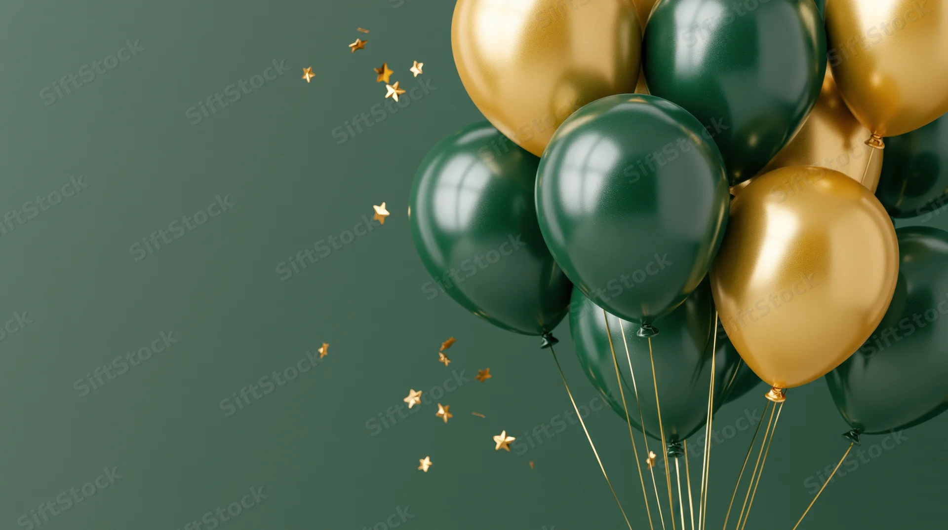 Cluster of glossy dark green and metallic gold helium balloons floating with golden star confetti against a dark green background