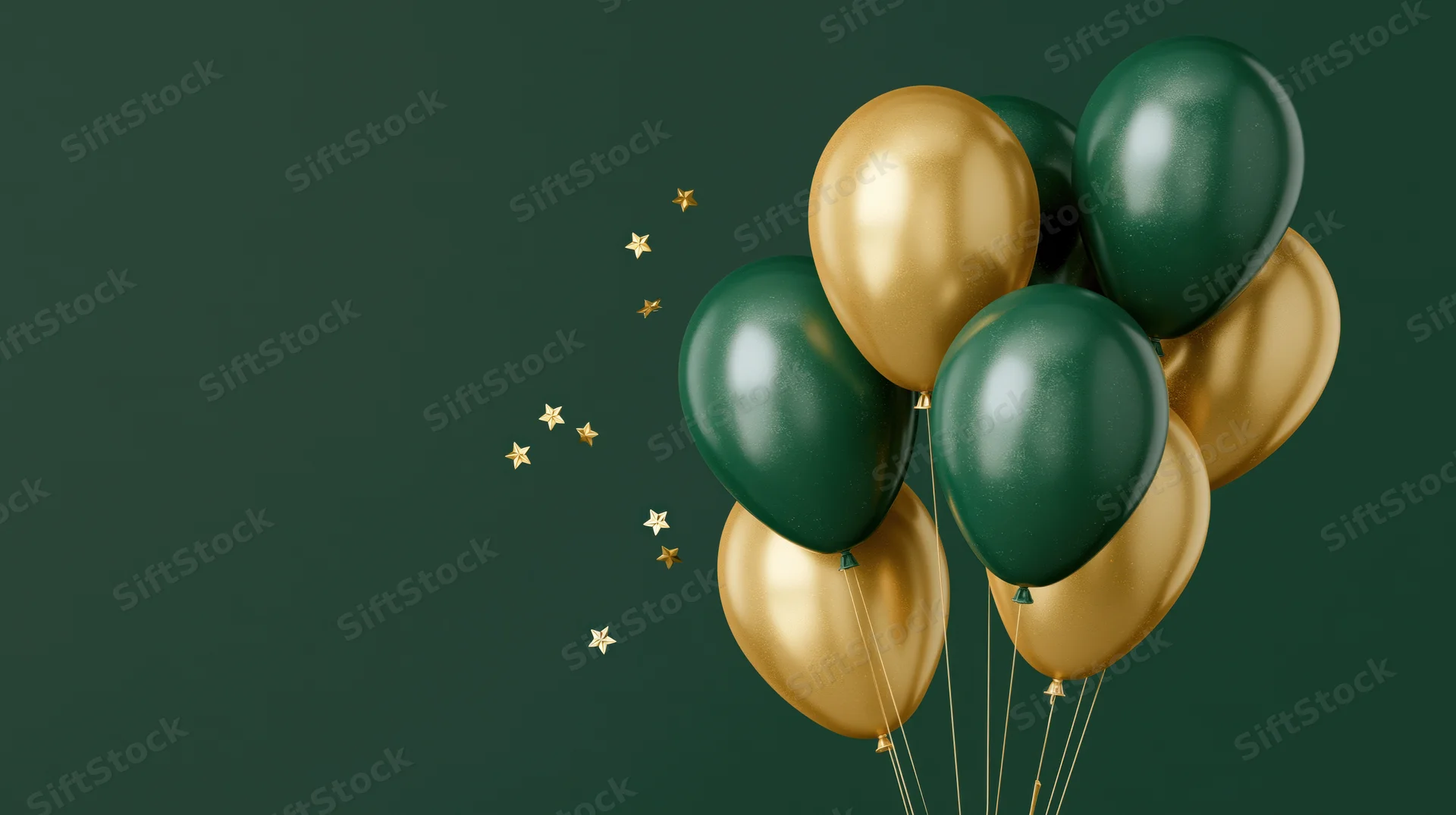 Cluster of glossy dark green and metallic gold helium balloons floating against dark green background with scattered gold stars