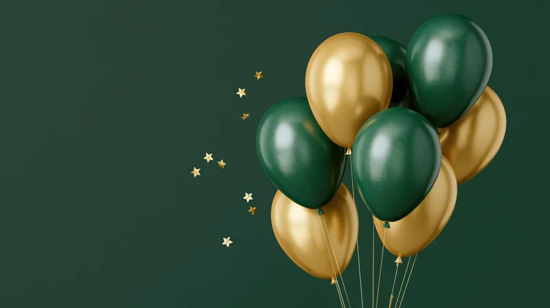 Cluster of glossy dark green and metallic gold helium balloons floating against dark green background with scattered gold stars