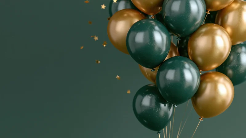 Cluster of glossy dark green and metallic gold helium balloons with floating star confetti against dark green background