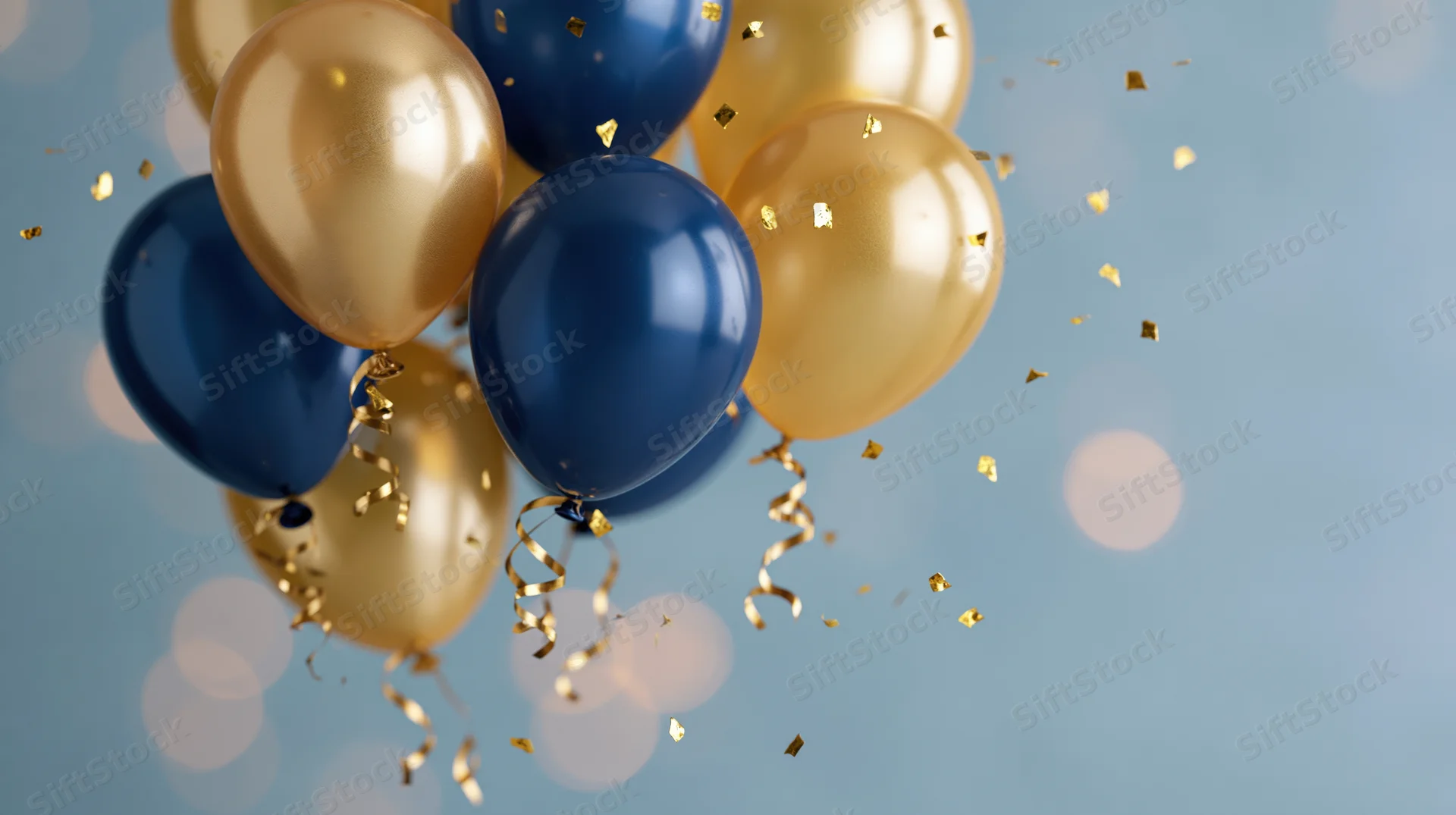 Cluster of gold and navy blue helium balloons floating with confetti and curling ribbons against a soft blue bokeh background