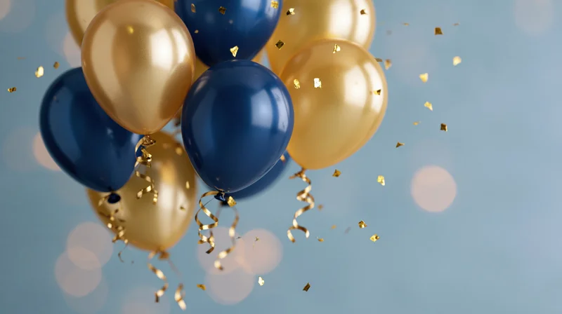 Cluster of gold and navy blue helium balloons floating with confetti and curling ribbons against a soft blue bokeh background