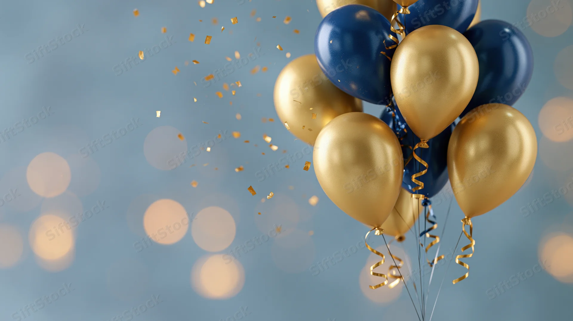 Cluster of gold and navy blue helium balloons floating with confetti and curling ribbons against a soft bokeh background