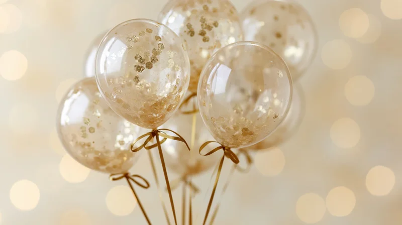 Cluster of gold glitterfilled transparent balloons tied together