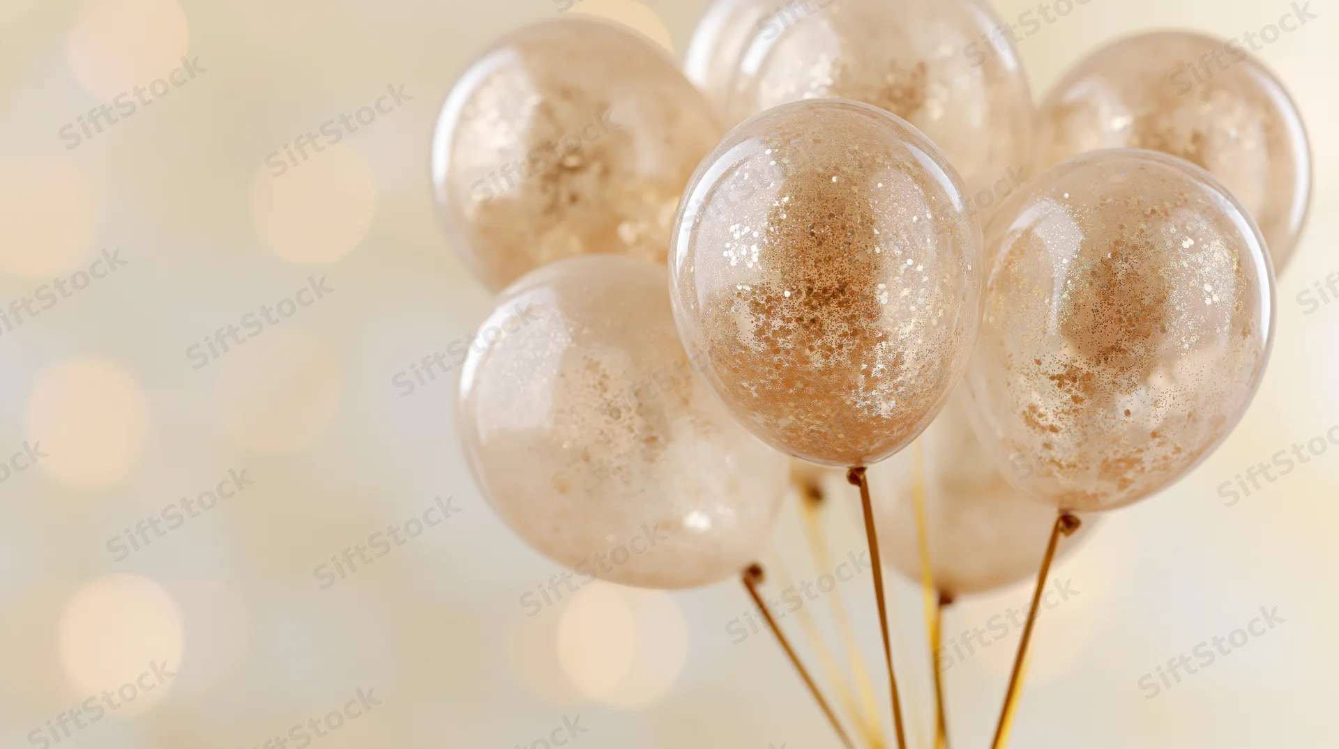 Cluster of gold glitterfilled transparent balloons tied together