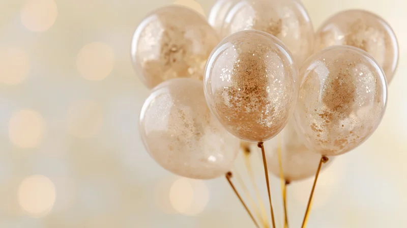 Cluster of gold glitterfilled transparent balloons tied together