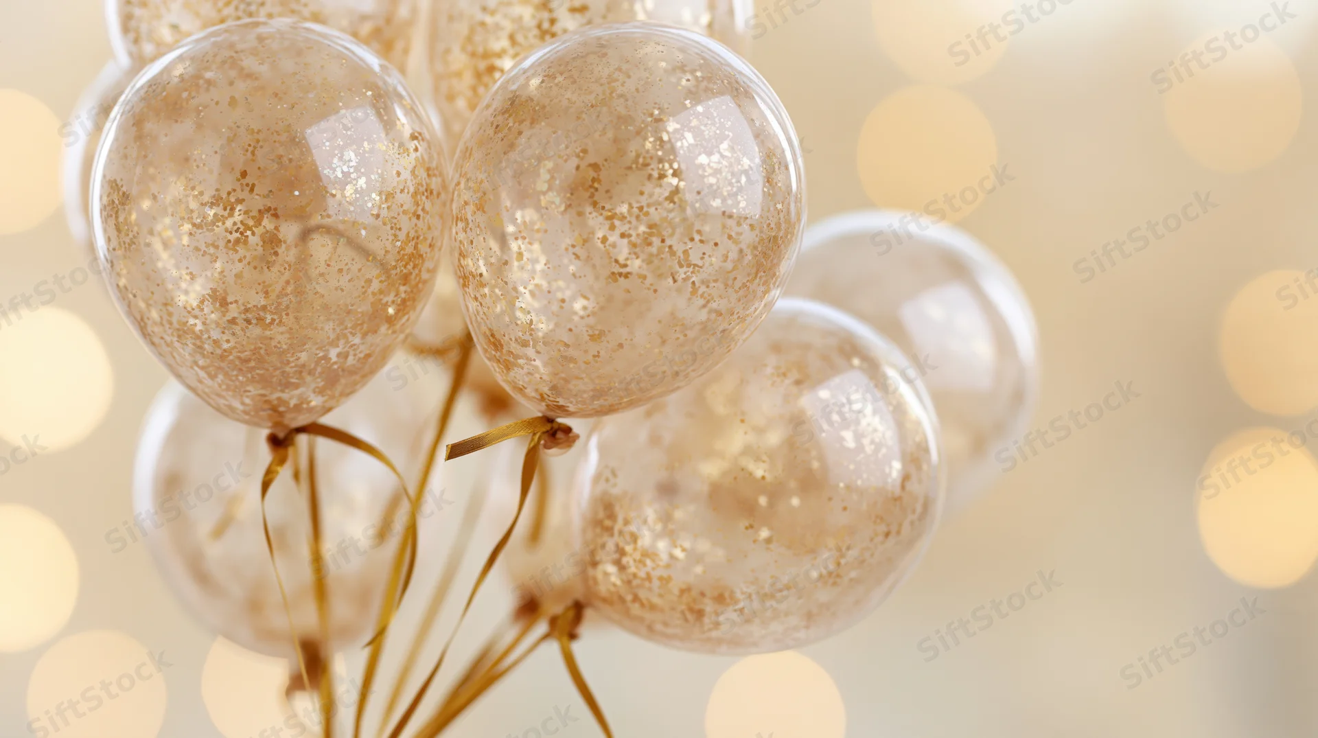 Cluster of glitter-filled transparent balloons tied together