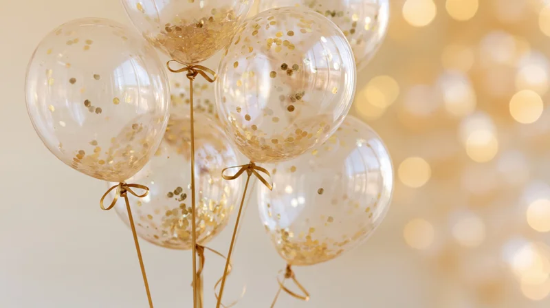 Cluster of transparent balloons filled with gold glitter tied together with ribbons against a soft glowing background