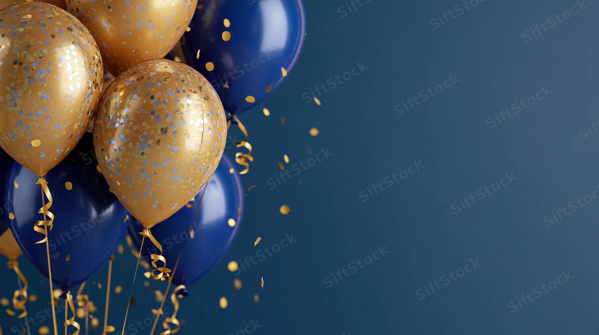 Cluster of metallic gold and navy blue helium balloons with confetti and streamers against a dark blue background