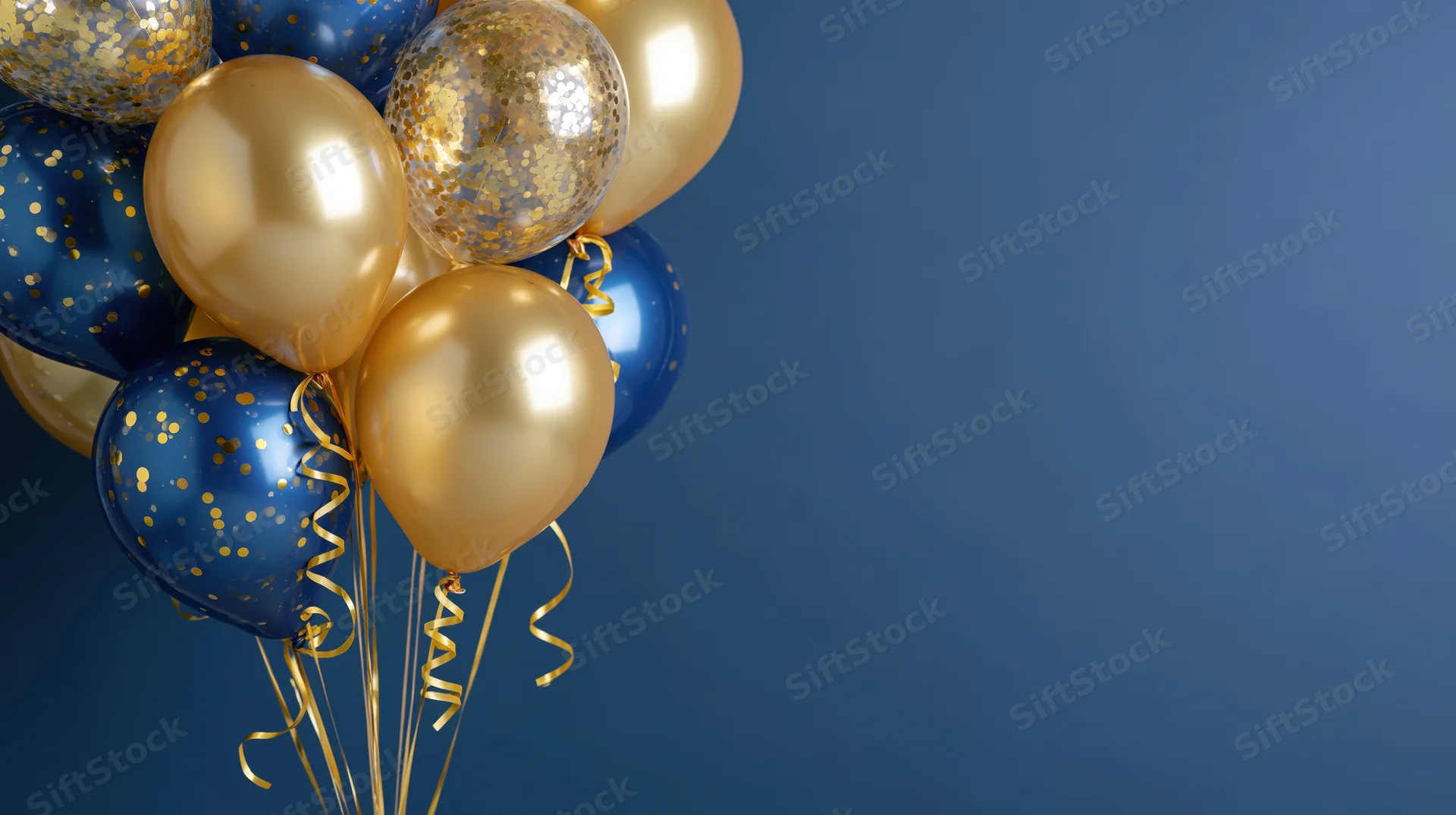 Cluster of metallic gold and navy blue helium balloons with confetti and ribbons against a solid blue background