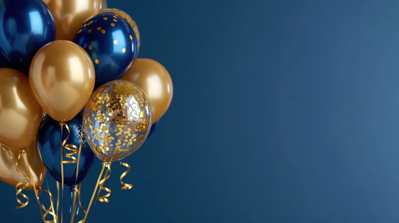 Cluster of metallic gold and navy blue helium balloons with confetti and ribbons against a blue background