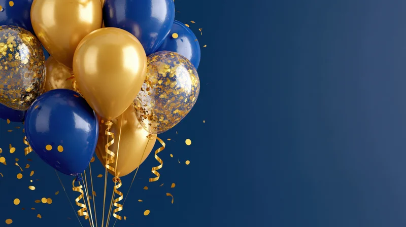 Cluster of metallic gold and navy blue helium balloons with confetti and streamers against a dark blue background, copyspace on the right