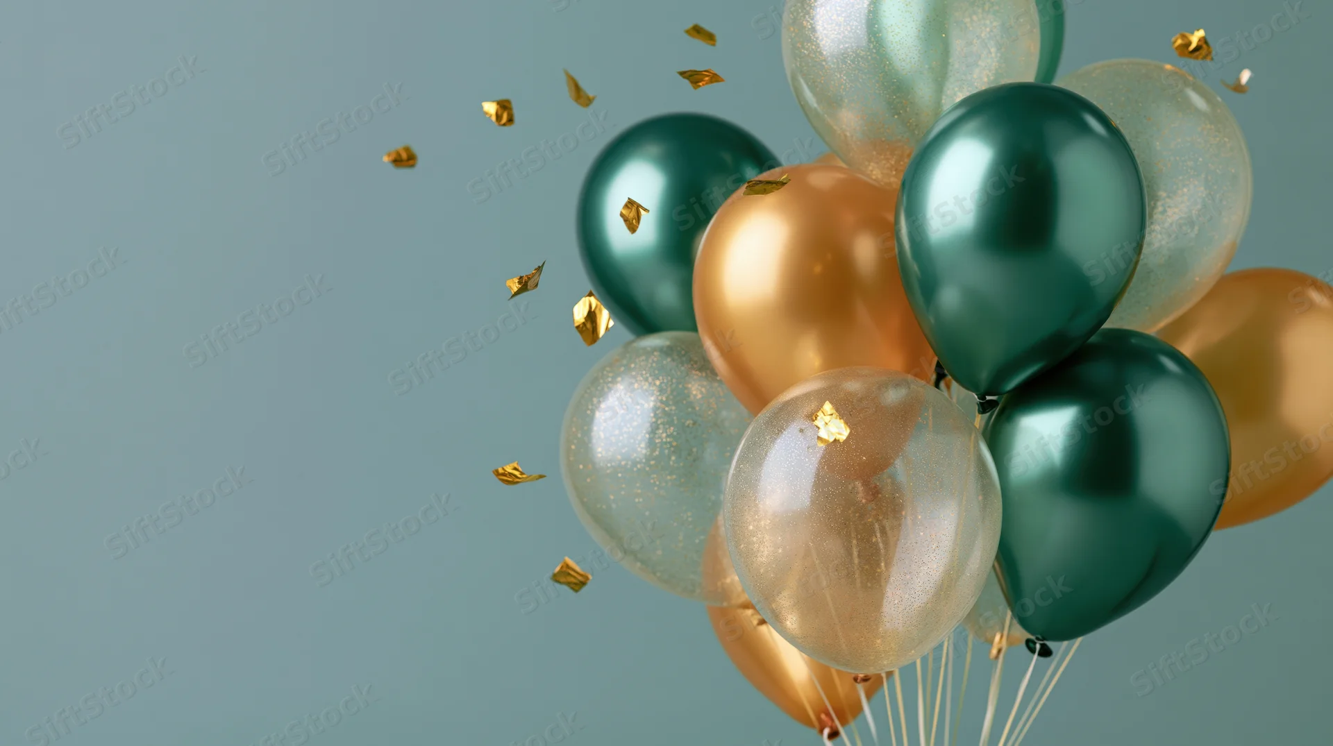 Cluster of metallic green gold and translucent glitter balloons