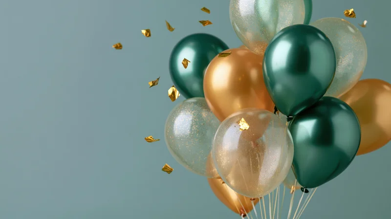Cluster of metallic green gold and translucent glitter balloons