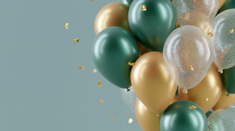 Cluster of metallic green, gold, and translucent glitter balloons floating with confetti against a muted blue background