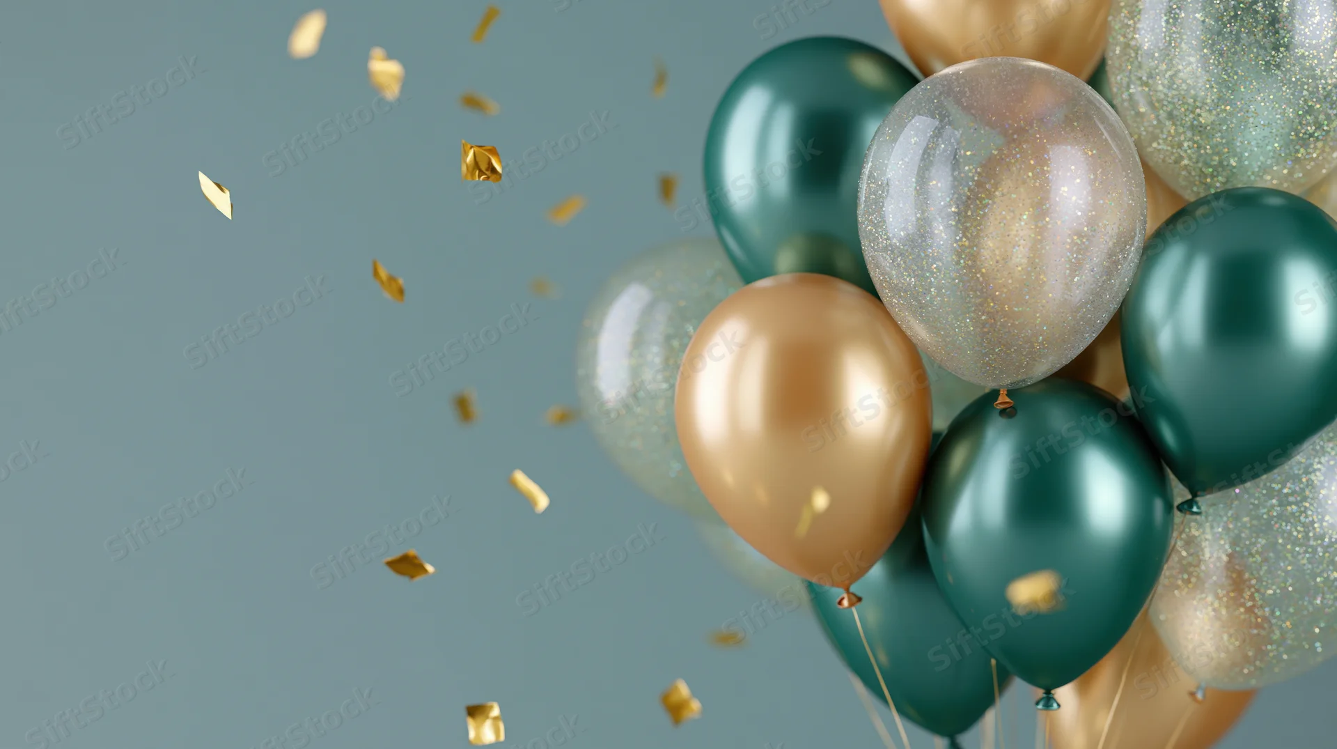 Cluster of metallic green and gold balloons with glitter and falling confetti against a muted blue background