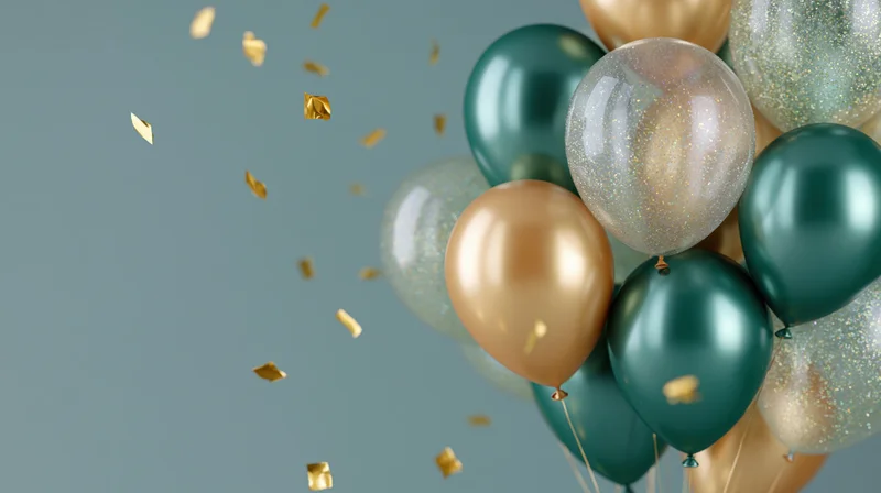 Cluster of metallic green and gold balloons with glitter and falling confetti against a muted blue background