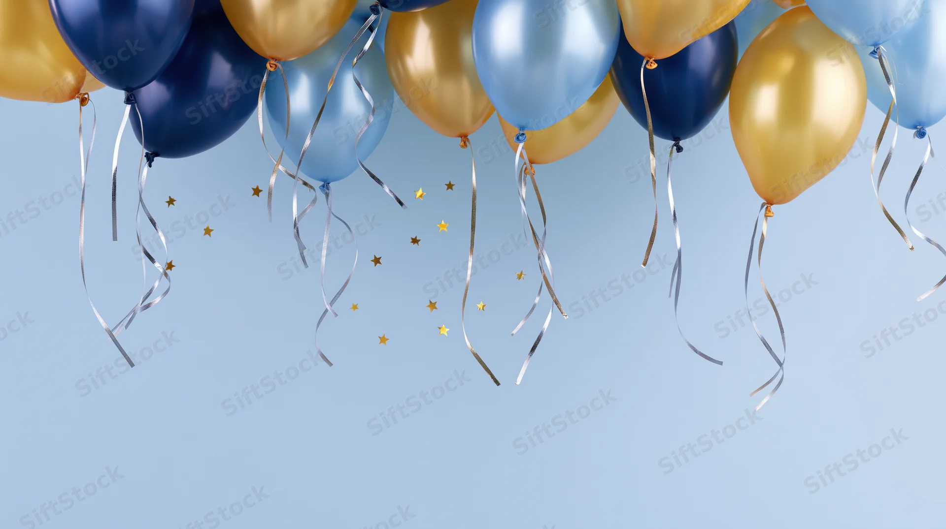 Cluster of navy blue, light blue, and gold metallic helium balloons with silver ribbons and star confetti against a light blue background, arranged across the top with copyspace below