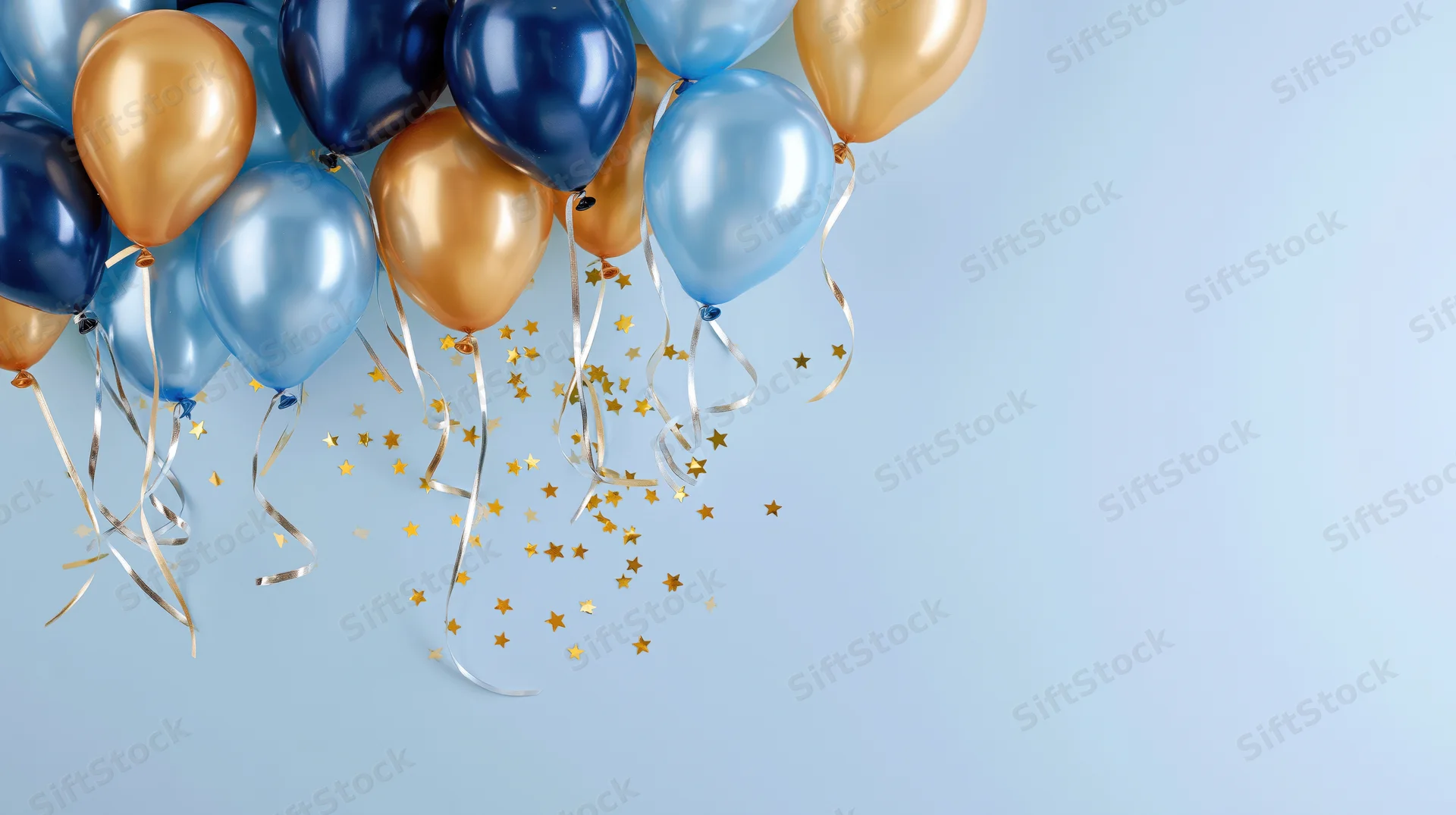 Cluster of blue and gold metallic balloons with star confetti and ribbons floating against a light blue background