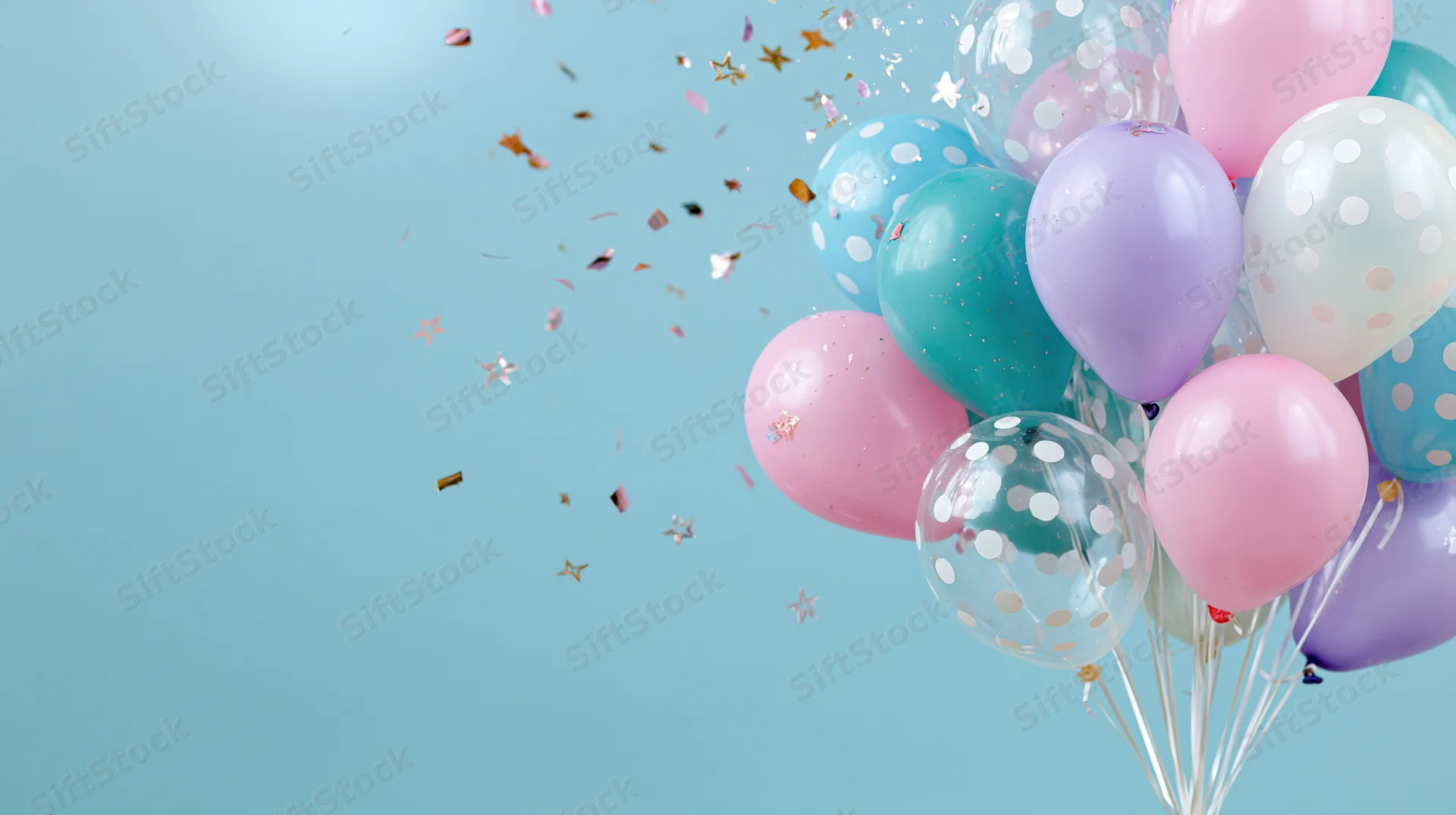 Cluster of pastel party balloons with confetti floating against a light blue background