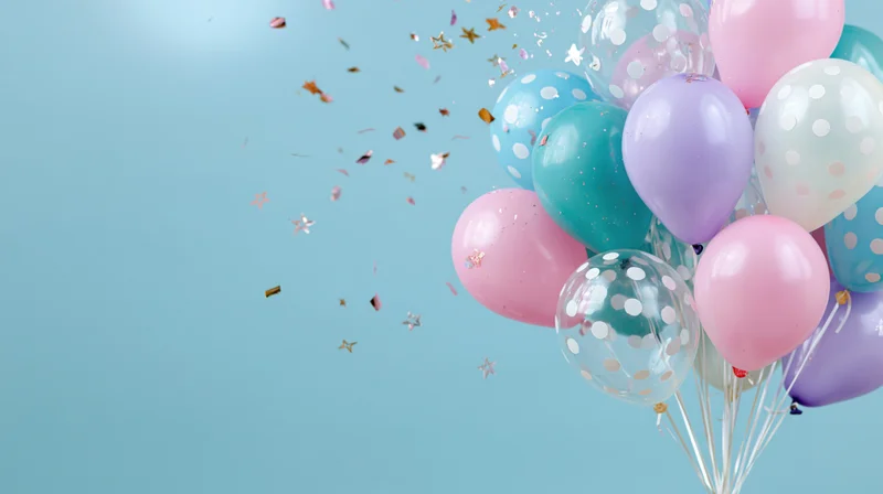 Cluster of pastel party balloons with confetti floating against a light blue background