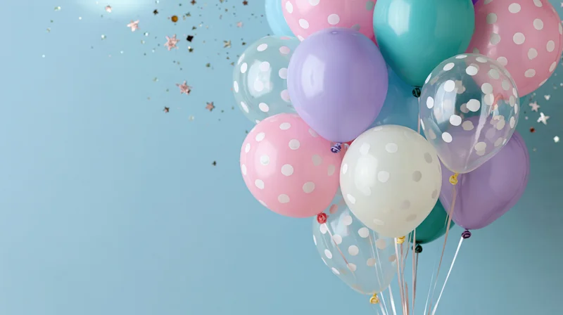 Cluster of pastel balloons with polka dots and confetti floating against a light blue background