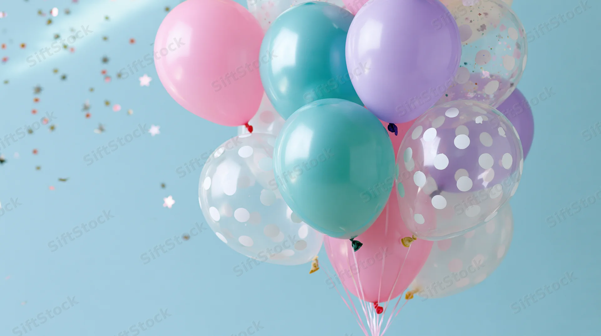 Cluster of pastel party balloons with polka dots and confetti floating against a light blue background